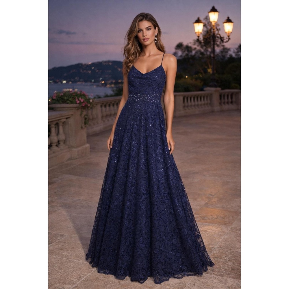 Say Yes To The Prom Dress Womens 3 Blue Sequin Lace Formal Gown Romantic HOCO‎